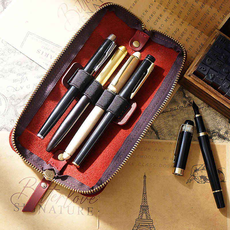 Leather Pen Case Pouch Pencil Holder Display Luxury Fountain Ballpoint  Black