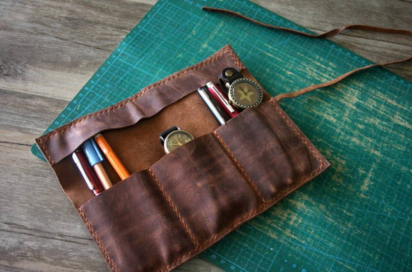  Rustic Genuine Leather Pencil Roll - Pen and Pencil
