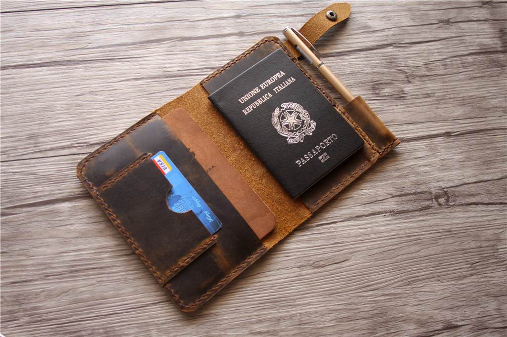 Buffalo Leather Passport Wallet for Men - Top Grain, Dark Brown